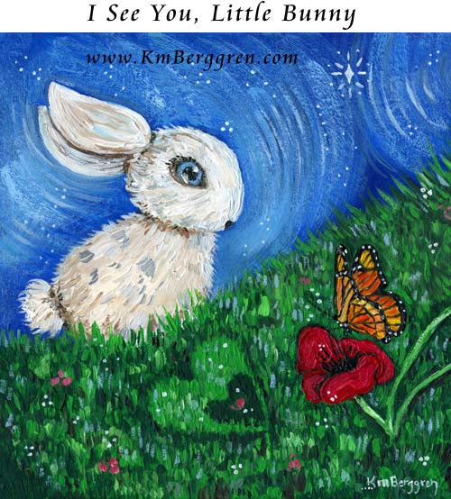 white fluffy bunny with blue eyes, in the grass with a heart in the grass, a red poppy flower and an orange monarch butterfly, nature art, whimsical hopeful painting