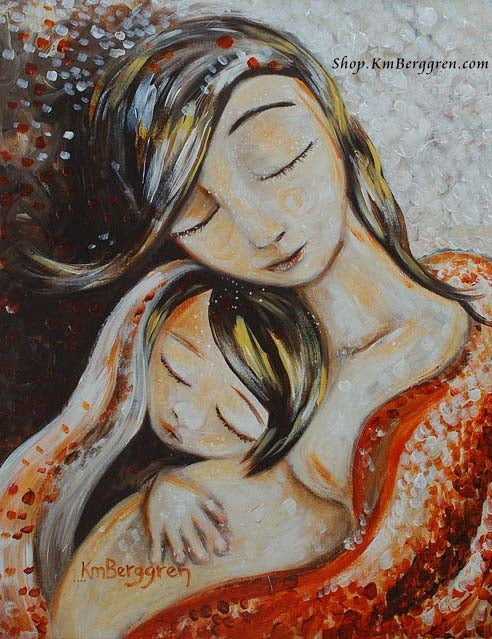 expectant mother in red blanket with older daughter artwork