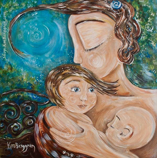 mother breastfeeding bald toddler and holding older daughter with blue sky background artwork