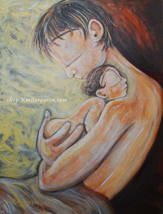 yellow warm print of father holding naked baby against his chest by KmBerggren