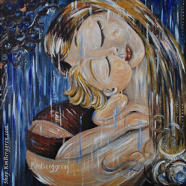 blonde mother and child artwork standing in the rain with blue sky
