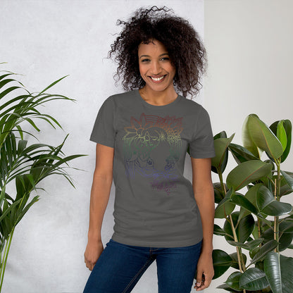 rainbow mother and child art drawing shirt, graphic tee for mom, art graphic tee, rainbow line drawing on shirt, soft cozy shirt for mom, art tee, artwork on tee shirt, art on t-shirt for mom, artsy t-shirt for woman