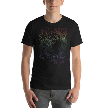 rainbow mother and child art drawing shirt, graphic tee for mom, art graphic tee, rainbow line drawing on shirt, soft cozy shirt for mom, art tee, artwork on tee shirt, art on t-shirt for mom, artsy t-shirt for woman