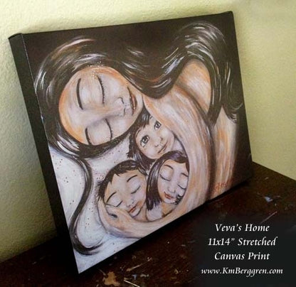 canvas print of dark haired mother cradling three dark haired children