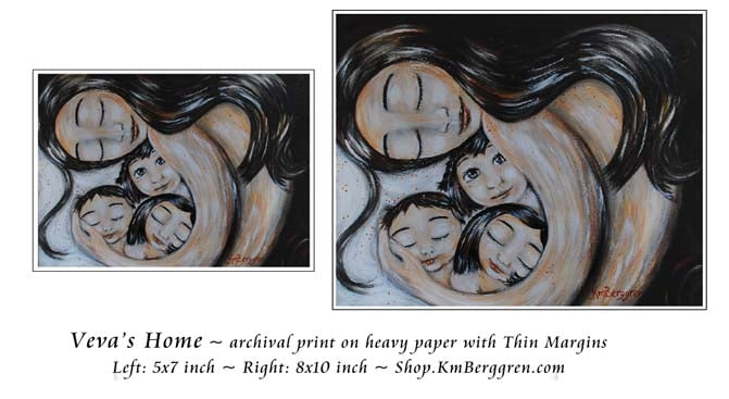 print size examples of dark haired mother cradling three dark haired children artwork