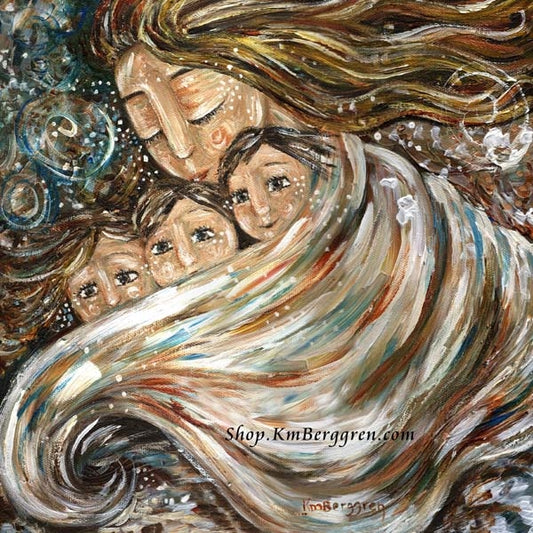 art print of mother keeping her children warm on a cold day beneath a blanket by KmBerggren
