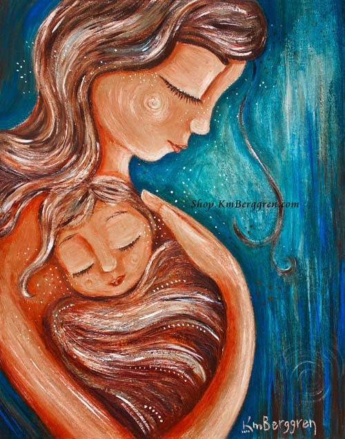 red and blue art print of a mother wearing her child in her heart