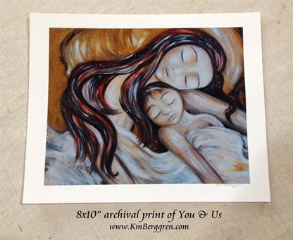 print of a mother sleeping in gold bed with her son